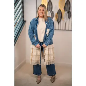 Mello Floral Patch Denim Shirt Dress with Lace Ruffle Hem