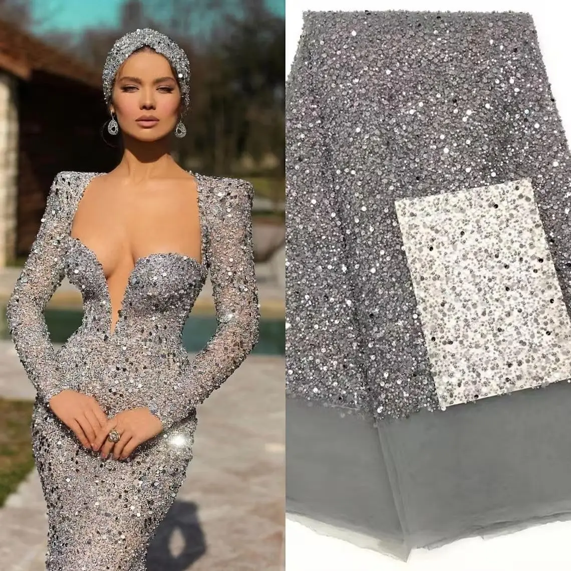 51" Wide Exquisite Heavily Pearl Soft Tulle Mesh Wedding Lace Fabric Embroidered French Sequined Bead Lace Fabrics for Handmade DIY Wedding Evening Dress Bridal Veil (Grey, 3 Yard pre Cut)