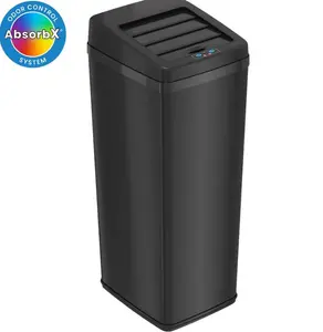 iTouchless 14 Gallon Black Stainless Steel Sliding Lid Sensor Trash Can, Touchless Automatic Kitchen Garbage Bin with Odor Control