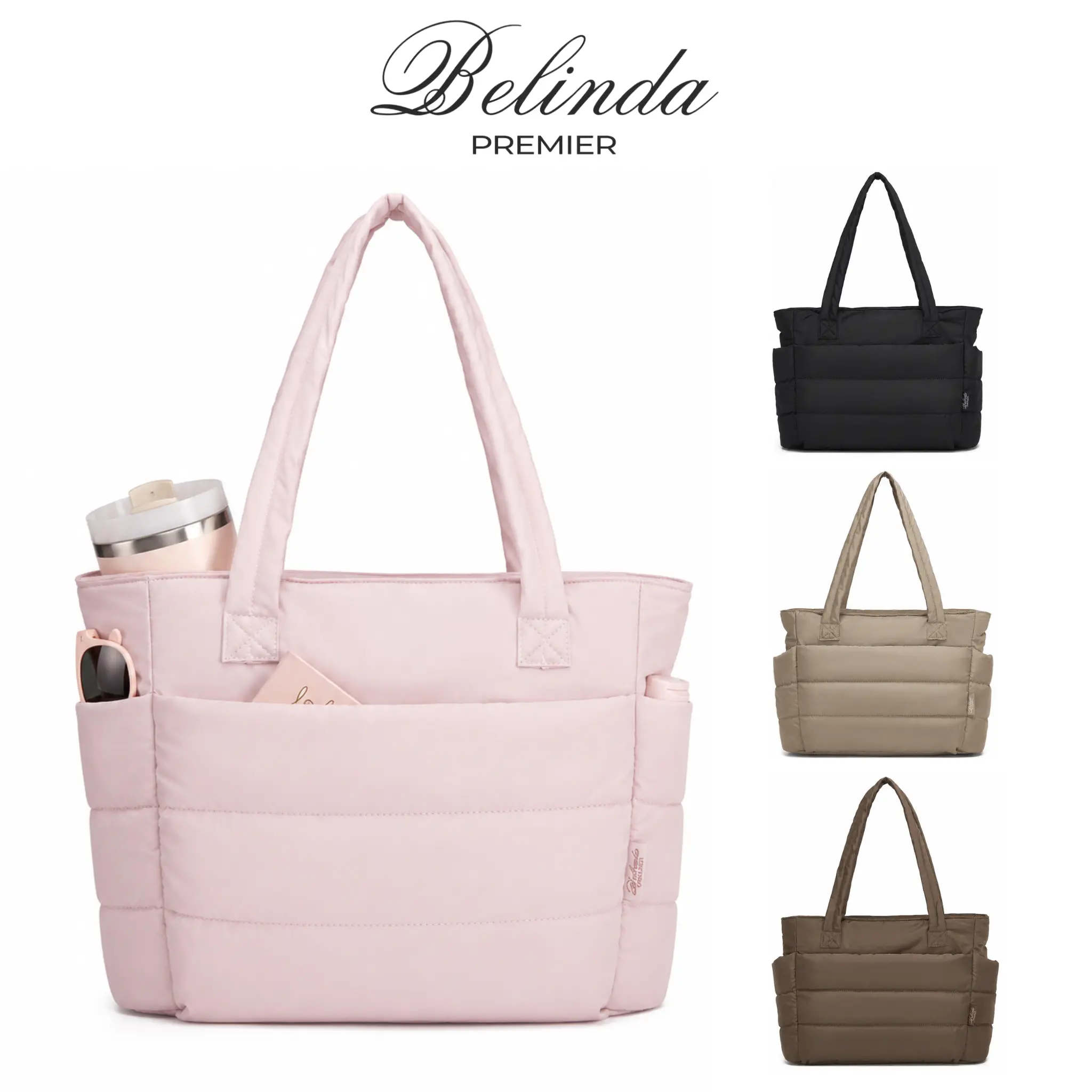 BELINDA Women's Quilted Down Bag, 20L Puffy Tote Bag, Lightweight Bubble Nylon Laptop Shoulder Bag with Multiple Compartments, Suitable for Work, Travel, and College.