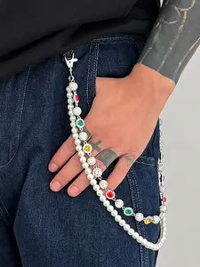Men's Fashionable Multi-Layer Rhinestone Faux Pearl Chain Waist Belt, Casual Body Chain Accessory for Pants Decoration, Statement Belts