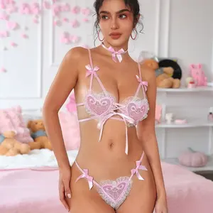 Women's Two-Piece Embroidered Lace-Up Underwear Set, Comfortable and Cute, Suitable for All Ages, Fitted Design Lace Lingerie Bodysuit Adjustable