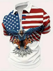 Men's Flag, Eagle, Animal & Geometric Print Half Zip Polo Shirt, Fitted Regular Fit Casual Short Sleeve Collared Top, Knit Fabric Men's Clothes for Daily Wear