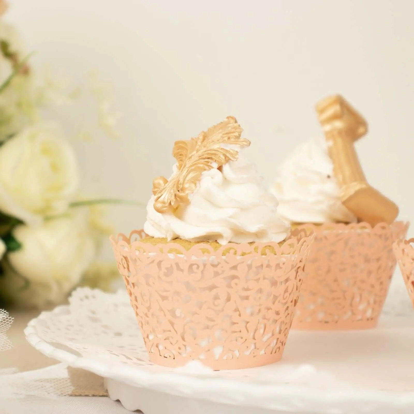 Blush Pink Lace Laser-Cut Bakeware Cupcake Wrappers & Liners (25-Pack) - Muffin Baking Cups with Traditional Look for Wedding Events, Engagement, Anniversary