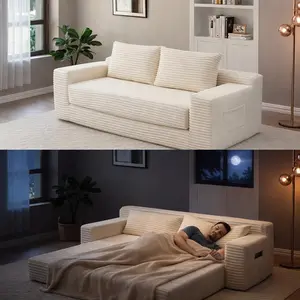 2 in 1 Convertible Folding Couch Bed, Corduroy Sleeper Sofa with Pull-Out Bed, No Assembly Floor Sofa for Living Room, Apartment & Small Spaces (Beige)