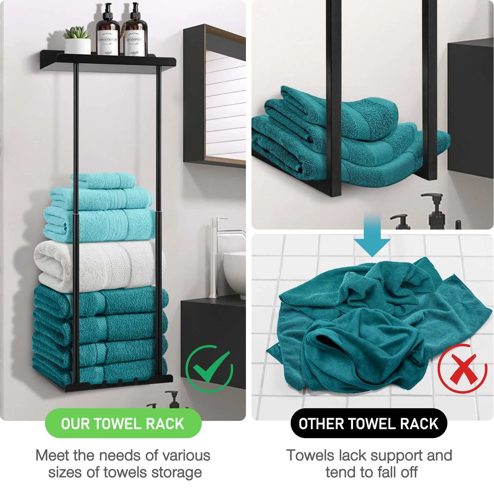 Bathroom Towel Storage Rack Wall Mounted 30 Inch With Shelf – Holds 6 Large Towels, Sturdy Black Metal Rack For Rolled Towels, Space-Saving Organizer For Small Bathrooms