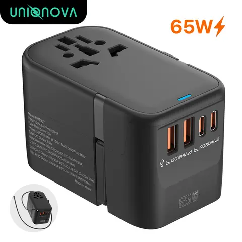 UNIQNOVA 65W Universal Travel Adapter with Built-in USB-C Cord - 2xUSB-C, 2xUSB-A Ports - Worldwide Wall Charger for Smartphone, Cellphone, Mobile & Electronic Devices (USA, EU, UK, AUS Plugs)