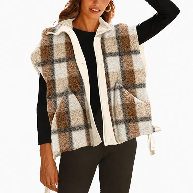 Women's Plaid Sherpa Fleece Vest Women Lapel Sleeveless Button Up Side Bow Tie Pocket Loose Cropped Checkered Warm Fall Winter Layering Waistcoat Casual Outerwear