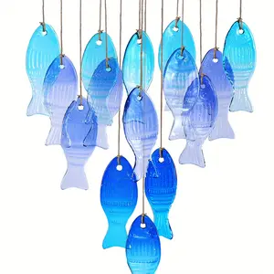 Handmade Blue Glass Fish Chimes - Large outdoor/indoor hanging decoration with bright spherical fish, no electricity required for gardens, patios, beach parties, weddings and festivals (Halloween, Christmas, Easter, Valentine's Day)