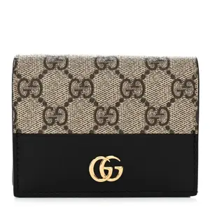 Pre-owned GUCCI GG Supreme Canvas & Calfskin Small Leather Goods Dollar Calfskin GG Supreme Monogram GG Marmont Card Case Black Beige Ebony