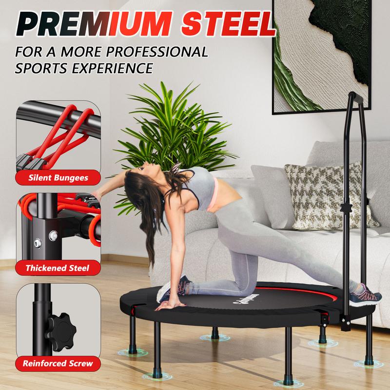 SkyBound 600 LBS Tested Foldable Mini Trampoline, 40'' Fitness Rebounder with Springs/Bungees, Adjustable U-Bar Handle, Stable Quiet Indoor/Outdoor Exercise Equipment