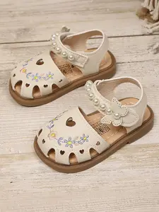 Girls' Pearl Butterfly Heart Hollow Out Floral Embroidery Sandals, Breathable Comfort Design, Perfect for Summer Outdoor Casual Wear