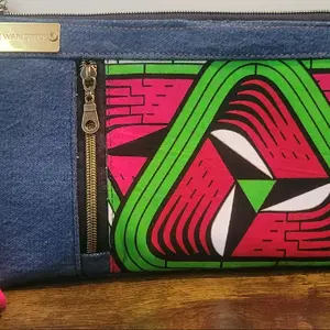 Vivid Pulse Wristlet Bag | Handmade Ankara & Denim | One-of-a-Kind