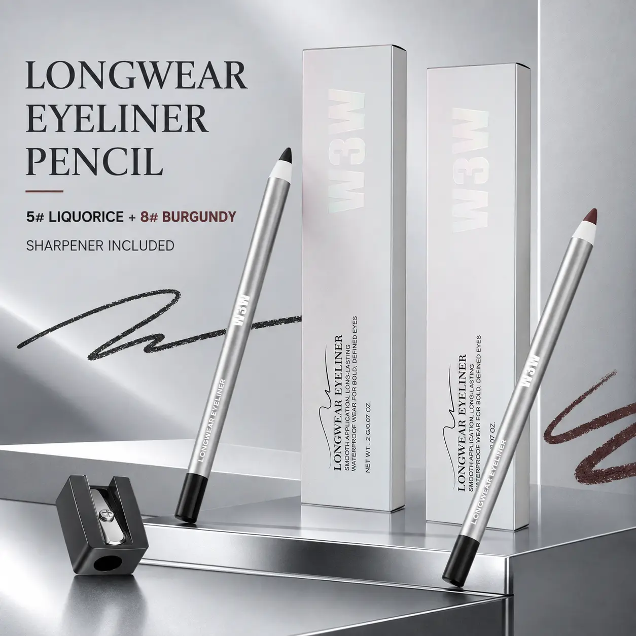 2-Pack Longwear Eyeliner Pencil Set, Deep Black & Burgundy, Waterproof Sharpenable Eye Makeup Pencils with Sharpener Included, Precise Definition for Winged Liner, Smoky Looks & Night Out