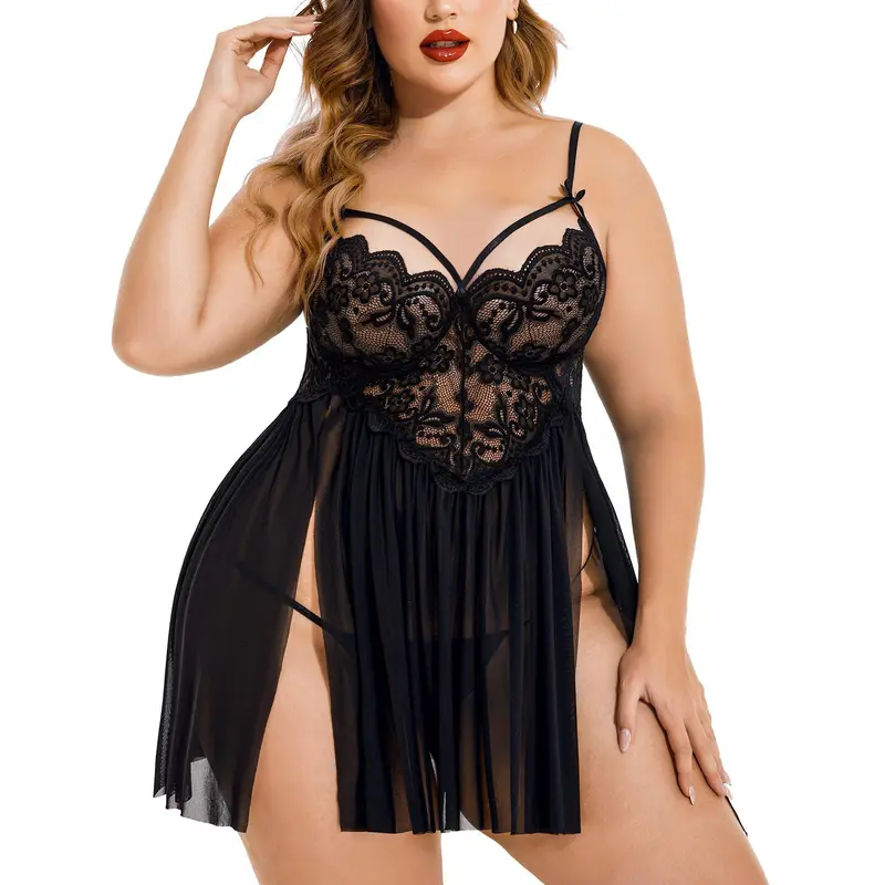 Avidlove Plus Size Lace Lingerie Women Strap Chemise Nightgown V Neck Nighty Sleepwear Side Slit Nightdress with Adjustable Spaghetti Straps & Lace Underbust Band