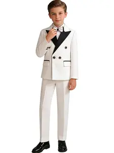 Boys Contrast Lapel Double-Breasted 3-Piece Suit Set  | Blazer + Elastic Waist Pants + Bow Tie | Red/White/Black Available | Non-Restrictive | Perfect for Weddings, Ring Bearer, Birthdays, Performances & All Formal Occasions (No Shirt Included)-XT8813