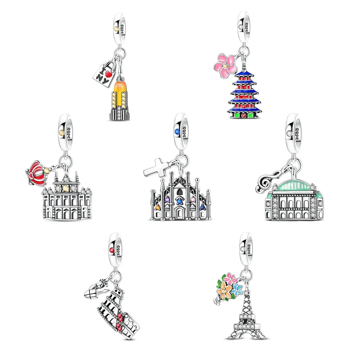 Cultural Charms & Pendants for Women, 925 Silver-Plated Adventure Travel Souvenir Bead with Enamel and Zircon Accents, Fits European Bracelets, Cultural Charm, Iconic Landmarks