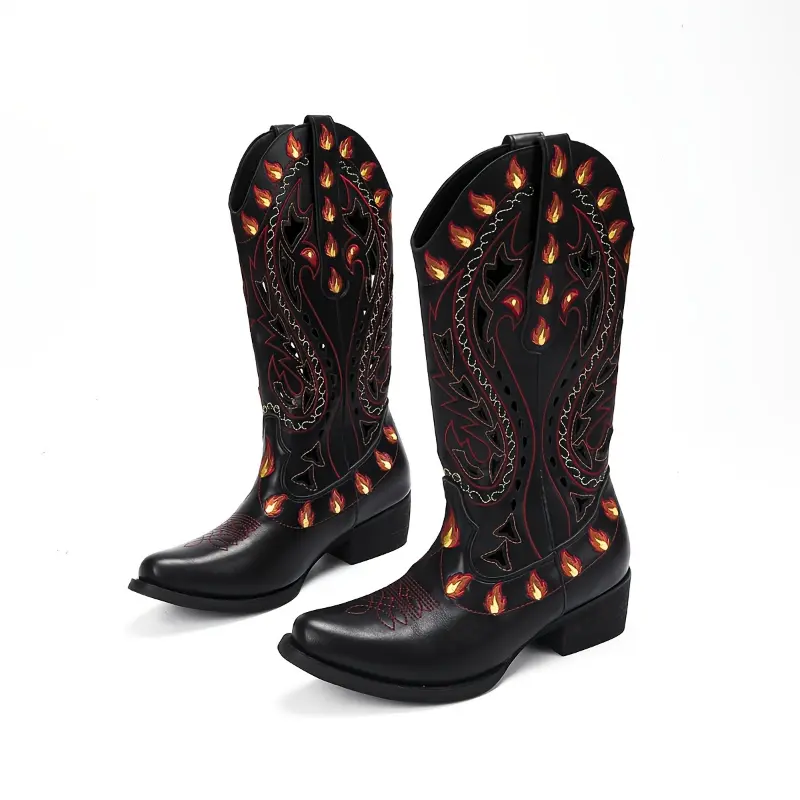 Women's Western Boots with Vibrant Flame Embroidery - Slip-On Block Heel Square Toe PU Cover Casual Boots for All-Season Wear, Fashion-Forward Western Style, Cowgirl Boots, Allseason Footwear