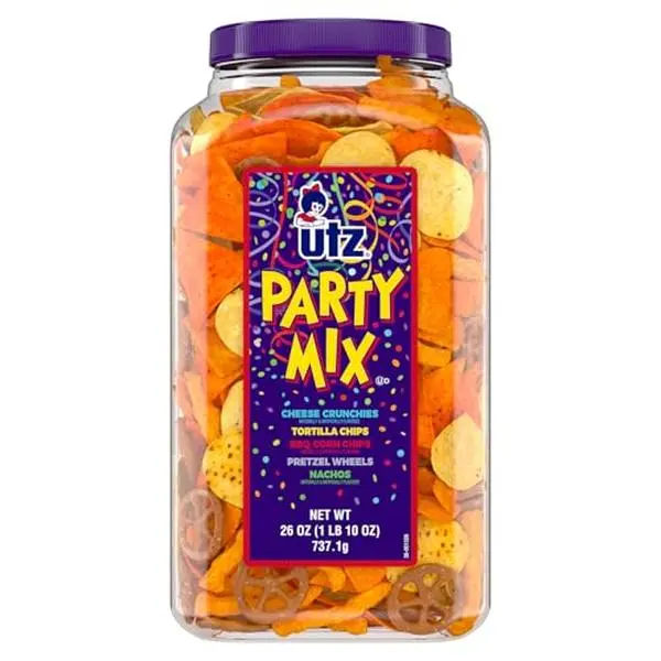 Utz Party Mix - 26 Ounce Barrel - Tasty Snack Mix Includes Corn/Nacho Tortillas, Pretzels, BBQ Corn Chips and Cheese Curls, Easy and Quick Party Snacks, Cholesterol Free and Trans-Fat Free