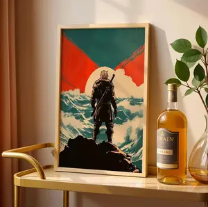 Viking Sunset Ocean View Wall Art, Vinland Saga Silhouette Poster, Warrior Standing Illustration Prints No Framed