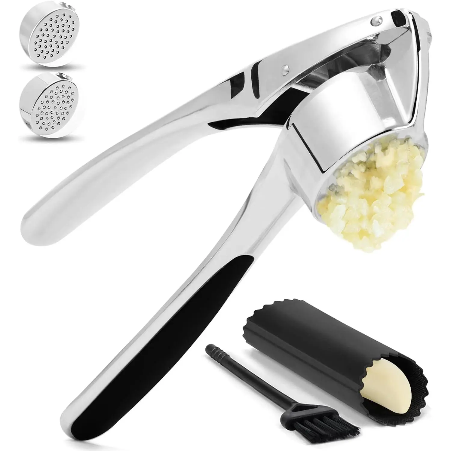 Bright Silver Zinc Garlic Press with Silicone Peeler & Brush - Large Cavity, 47 Built-in Pressing Studs, Easy Crush Mincer - Rustproof, Dishwasher Safe, Easy to Use & Clean Kitchen Utensil