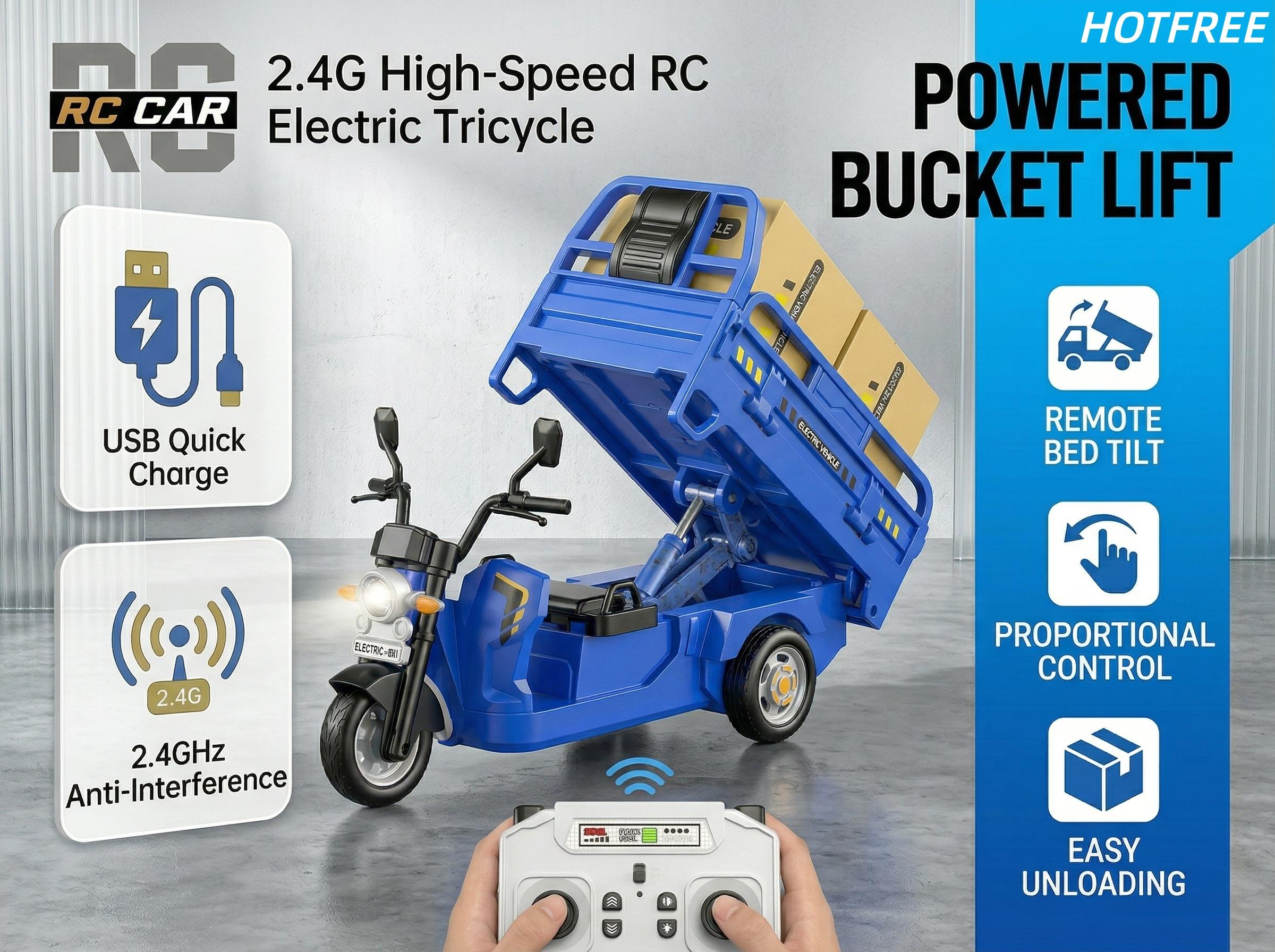 Hotfree Mini RC Cargo Tricycle Toy, 2.4Ghz Remote Control Dump Truck with Loading Bed, Headlight and Sounds, USB Rechargeable Electric Vehicle, Birthday Christmas Gift for Boys Girls Kids Ages 6+