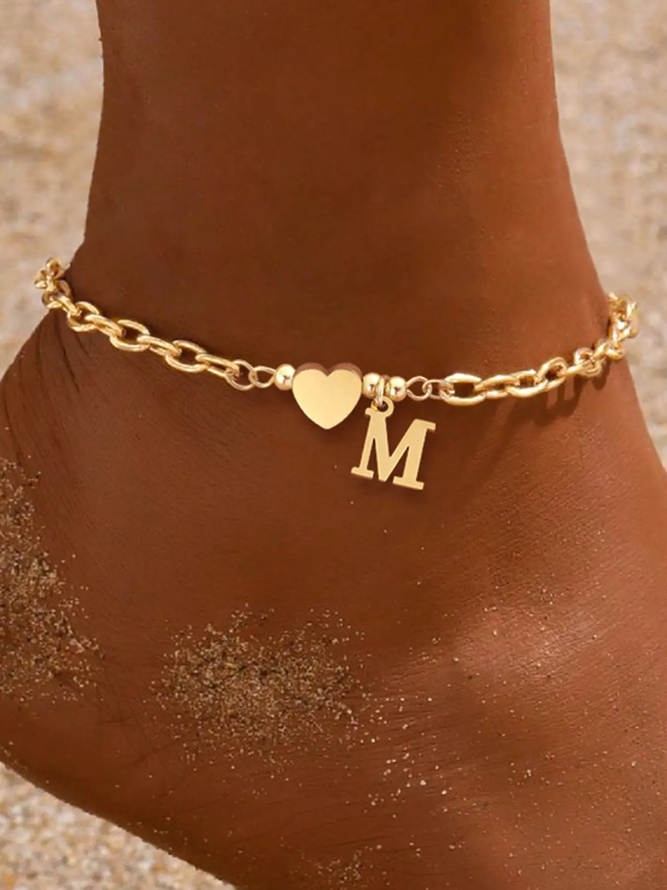 Heart-Shaped Initial Pendant Women's Anklet Classic Fashion Stainless Steel Chain, Elegant Foot Jewelry for Ladies Personalized, Trendy Jewelry, Trendy Fashionable Accessories Wearable Jewelry