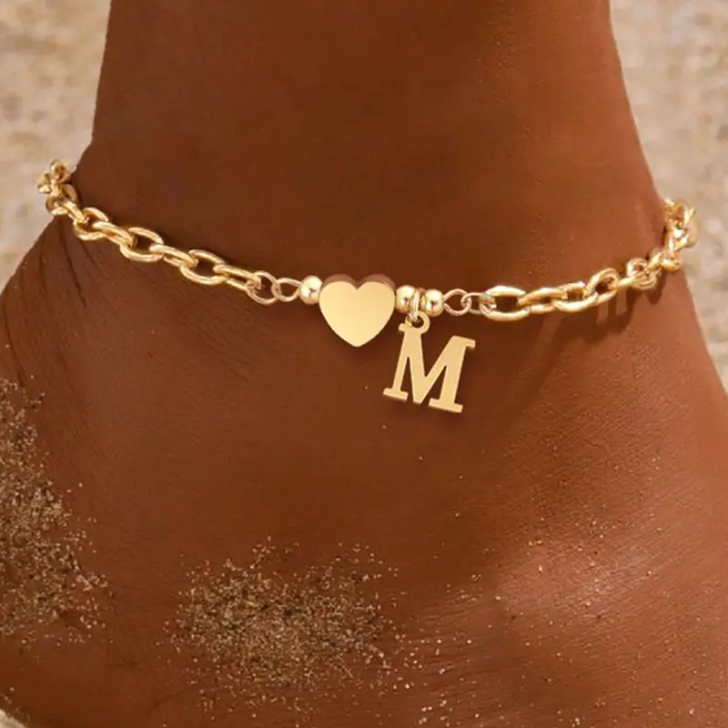 Heart-Shaped Initial Pendant Women's Anklet Classic Fashion Stainless Steel Chain, Elegant Foot Jewelry for Ladies Personalized, Trendy Jewelry, Trendy Fashionable Accessories Wearable Jewelry