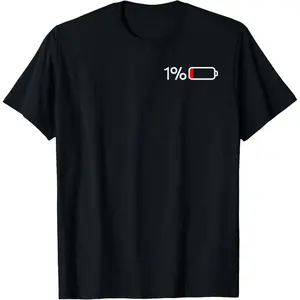1% Battery Funny Low Energy Percent T-Shirt Short Sleeve Men's Black Crewneck Casual Work Clothes