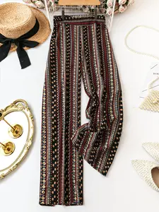 Plus Size Women's Gold Geometric Stripe Print Elastic Waist Wide Leg Pants, Summer Vacation Casual Boho Multi-Scene Wear