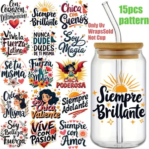 15pcs Spanish Inspirational Quote UV DTF Stickers, Glass Cup Mug Window Door Decor, Home Holiday DIY Craft Decoration