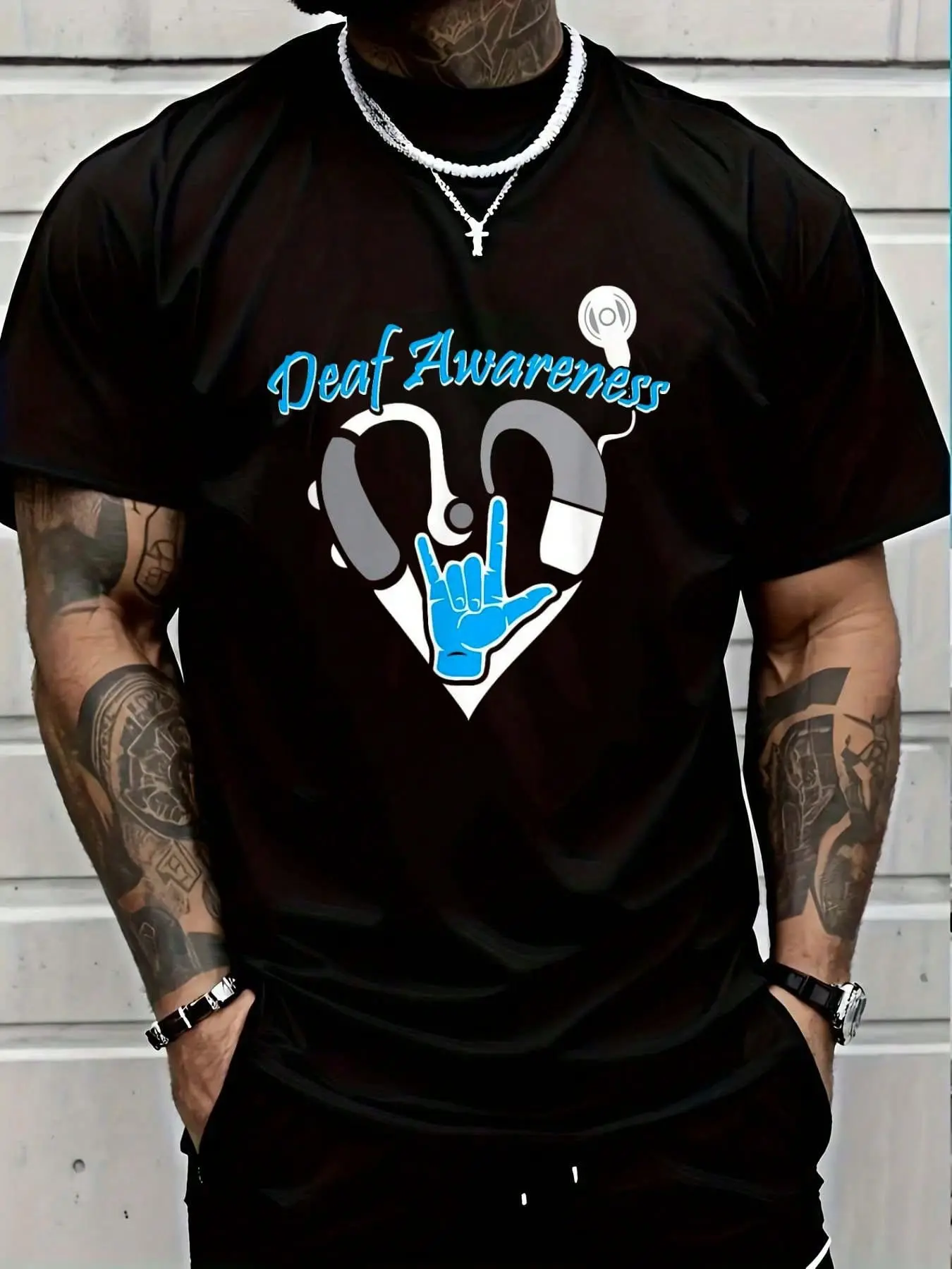Unisex 100% Cotton Distressed Vintage Graphic T-Shirt - Deaf Awareness ASL, Whimsical Art Print, Casual Short Sleeve Round Neck Menswear Top