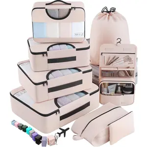 8 Set Packing Cubes for Luggage,Suitcase Organizer in 4 Sizes with Hanging Toiletry Bag and Large Laundry Bag, Carry-On Luggage with Accessories Bag, Cream
