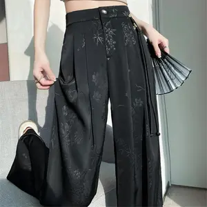 New Chinese Style Jacquard Wide Leg Satin Pants for Women Elegant Solid Office Lady Women's Casual Loose Pants Female Can be used with raincoat Wideleg Womenswear Bottom
