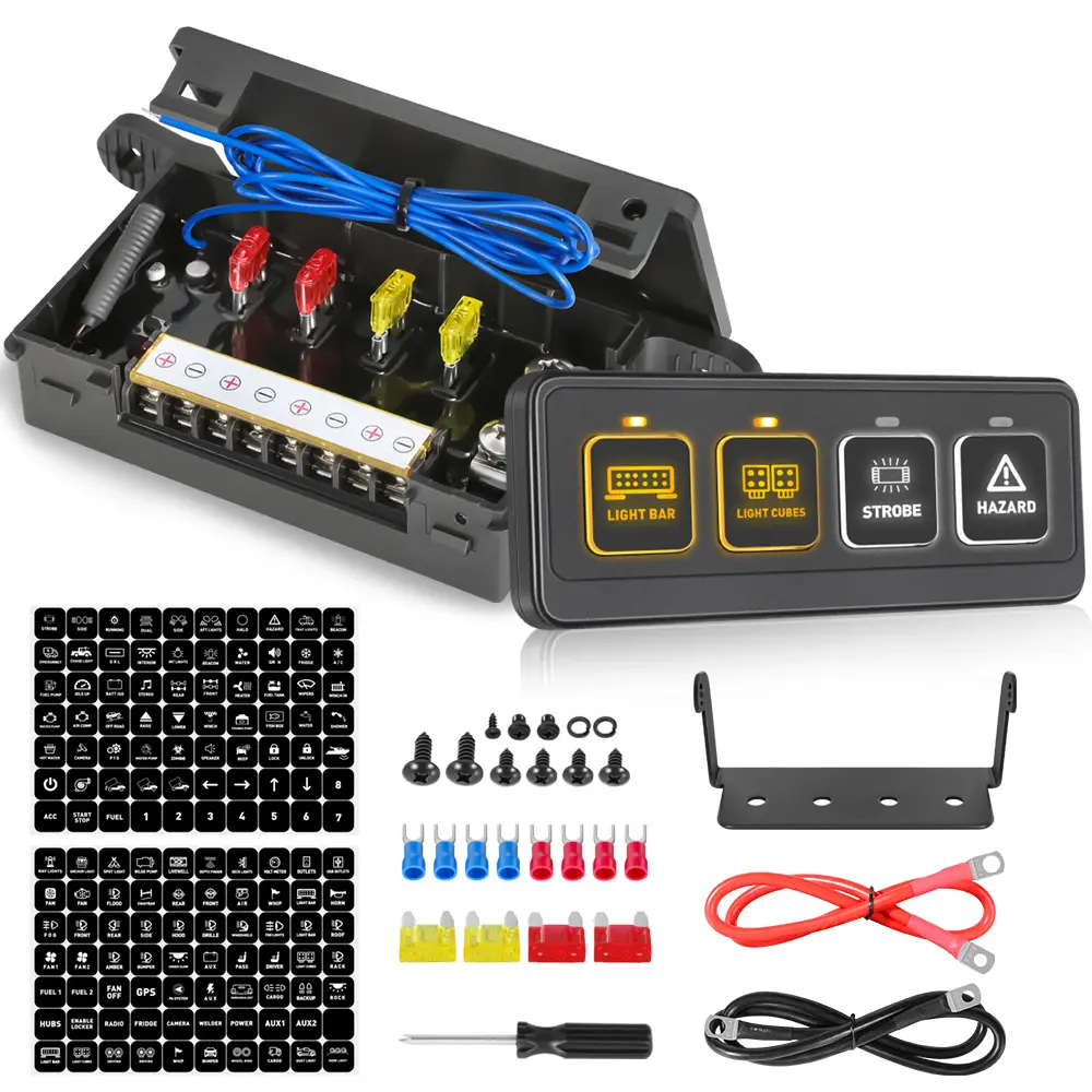 ANGU-OFFROAD 4-Button Auxiliary Car Switch Panel, ON/OFF Interface, White Backlit, 3 Lighting Modes, Memory Function, Circuit Control Relay System, 12V-24V for Pickup, Marine Vehicles