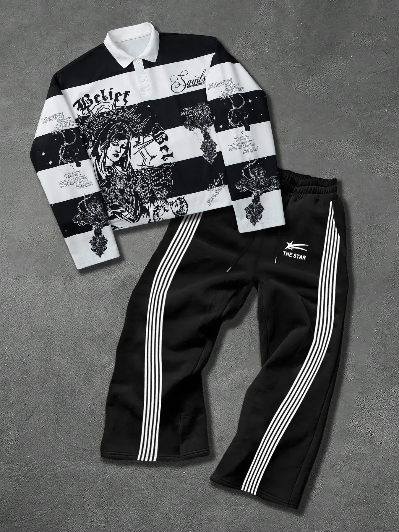 Fashion Street Casual Striped Pattern Print Long Sleeve Polo Shirt Set, Loose-Fitting Graphic Tee & Stripe Sweatpants Two-Piece