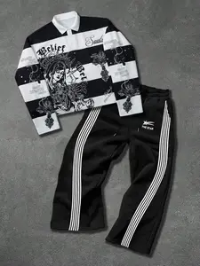 Fashion Street Casual Striped Pattern Print Long Sleeve Polo Shirt Set, Loose-Fitting Graphic Tee & Stripe Sweatpants Two-Piece