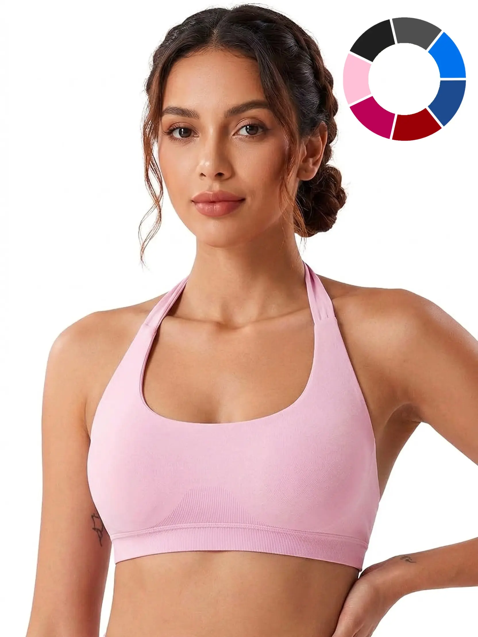 CharaTide Women's Wide Strap Halter Supportive Sports Bra - Seamless Breathable Ribbed Impact Padded Fitness Bra for Women, Gym Workout Use
