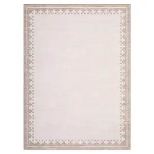 Modern Washable Bordered Runner Rug for Hallway, Bedroom, Living Room, Dining Room – Non-Slip, Low Pile, Geometric Cross Design, Spot Resistant, Ivory – 2x6ft (61x183cm)