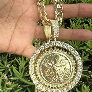 14K Gold Plated 50 Pesos 3.3″Mexican Centenario CZ Spinner - 24″ 7mm Upgraded Cuban Chain - Bling Huge Pendant - Fashion Chain Unisex Men Jewelry