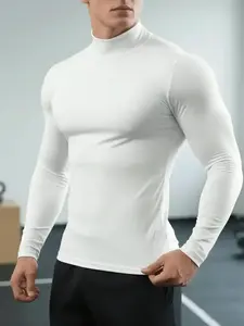 Men's High Neck Long Sleeve , Simple Functional Design, Tight Fit, Good Elasticity, Suitable for Sports and Daily Wear, Casual Sports Top, Athletic Fashion Activewear