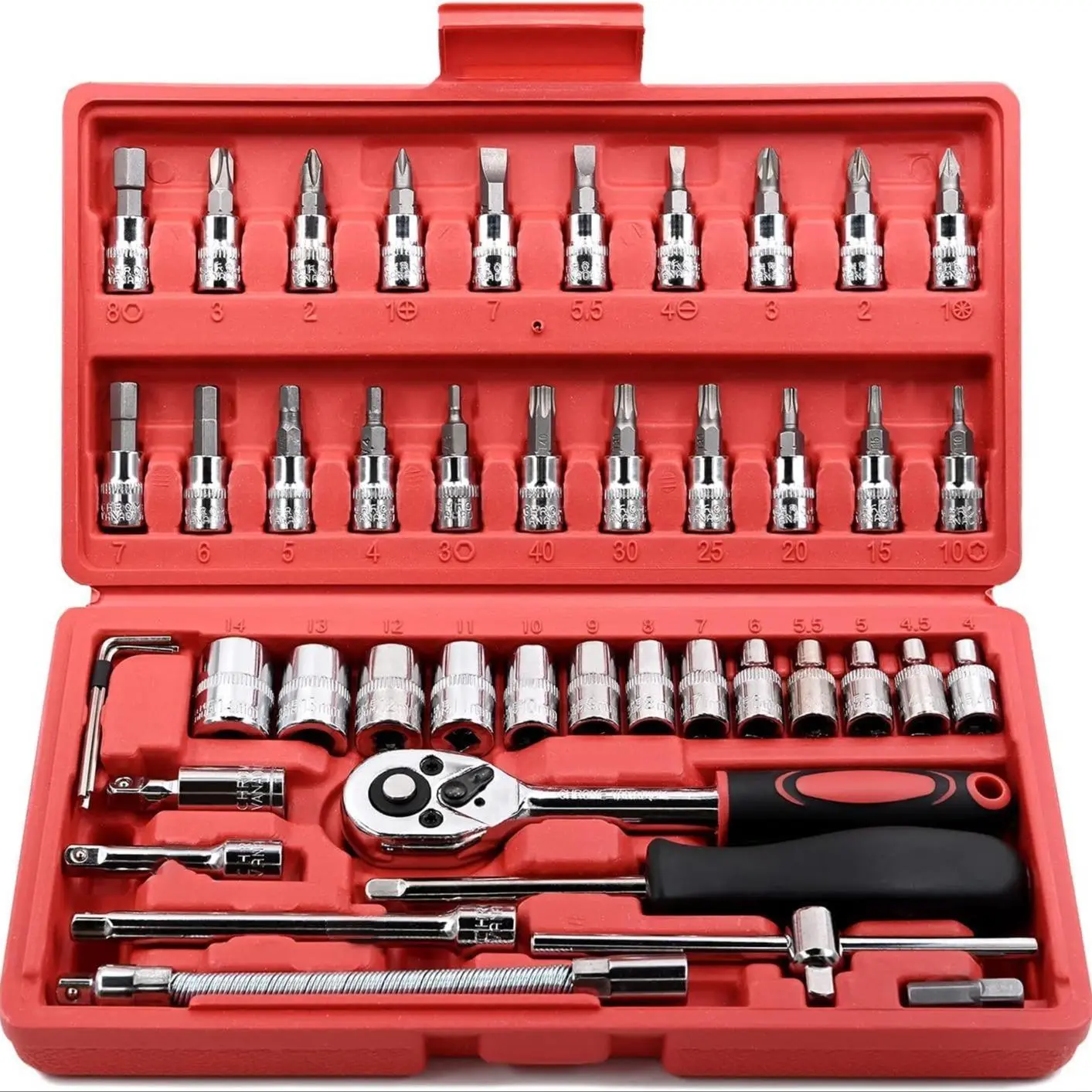 46PCS Small Drive Socket Ratchet Wrench Screwdriver Set, 1/4 Inch Metric Socket and Ratchet Wrench Set with Extension Bar for Auto Repairing and Household with Storage Case