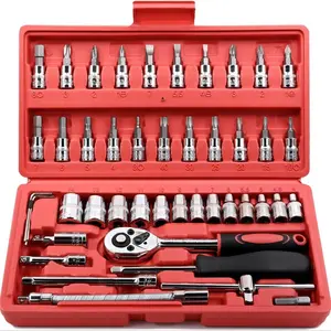 46PCS Small Drive Socket Ratchet Wrench Screwdriver Set, 1/4 Inch Metric Socket and Ratchet Wrench Set with Extension Bar for Auto Repairing and Household with Storage Case