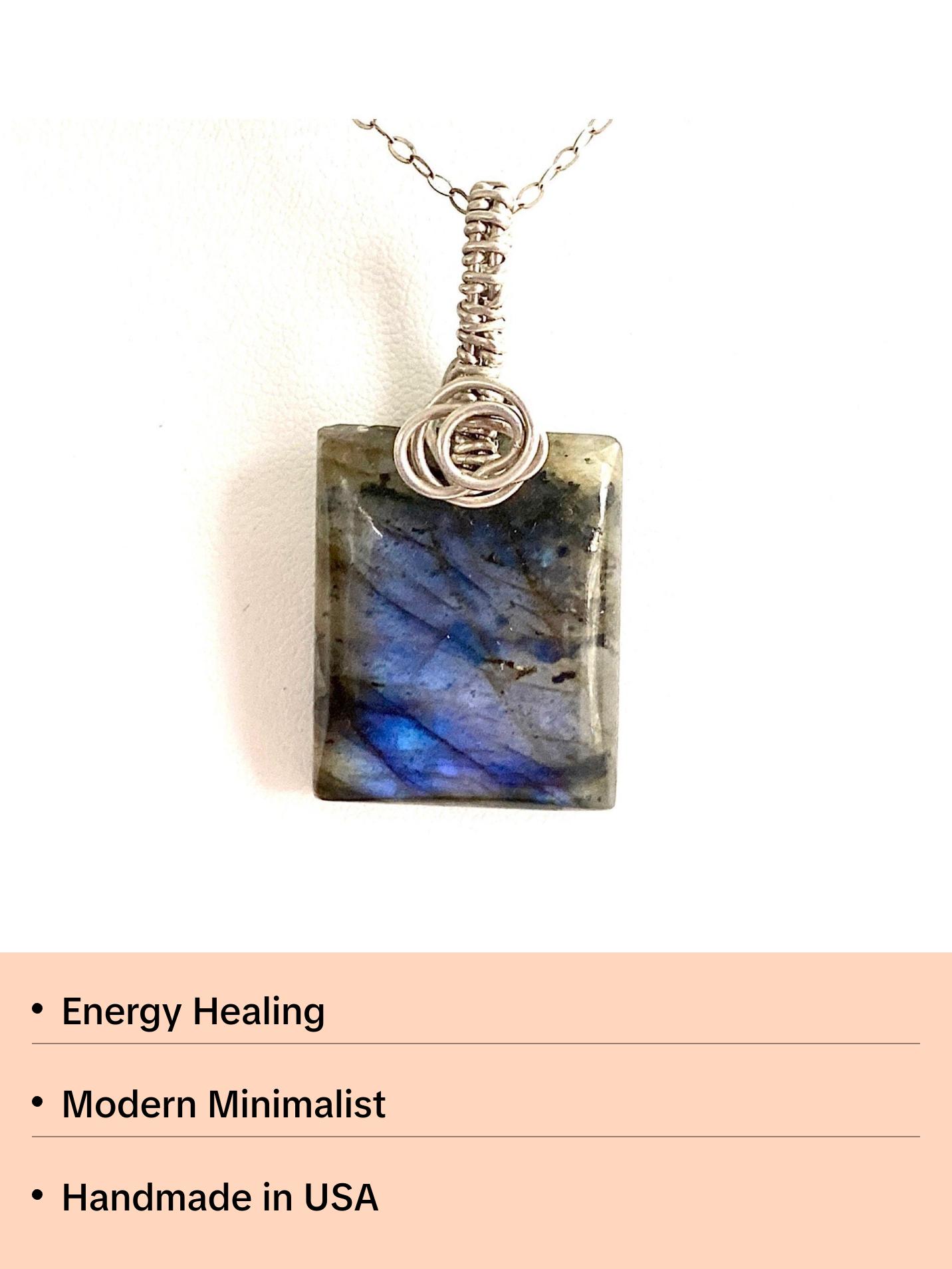 Amazing Blue Flash Rectangle Labradorite and .925 Sterling Silver Necklace, Deep Blue Handpolished Wire Wrapped Pendant, Handmade in the USA