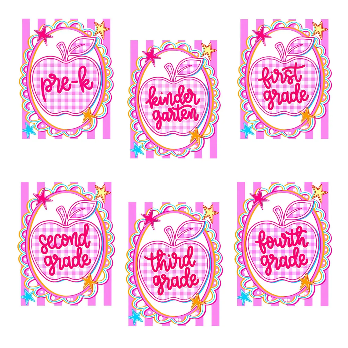 "Coquette Apple" Iron-On Transfer Patch - Pink Gingham Aesthetic - Back to School - Star Lace Border - Suitable For T-shirts, Bags & Fabric Decor, Washable Iron-On Patches, Cute Preppy Heat Transfer Decals