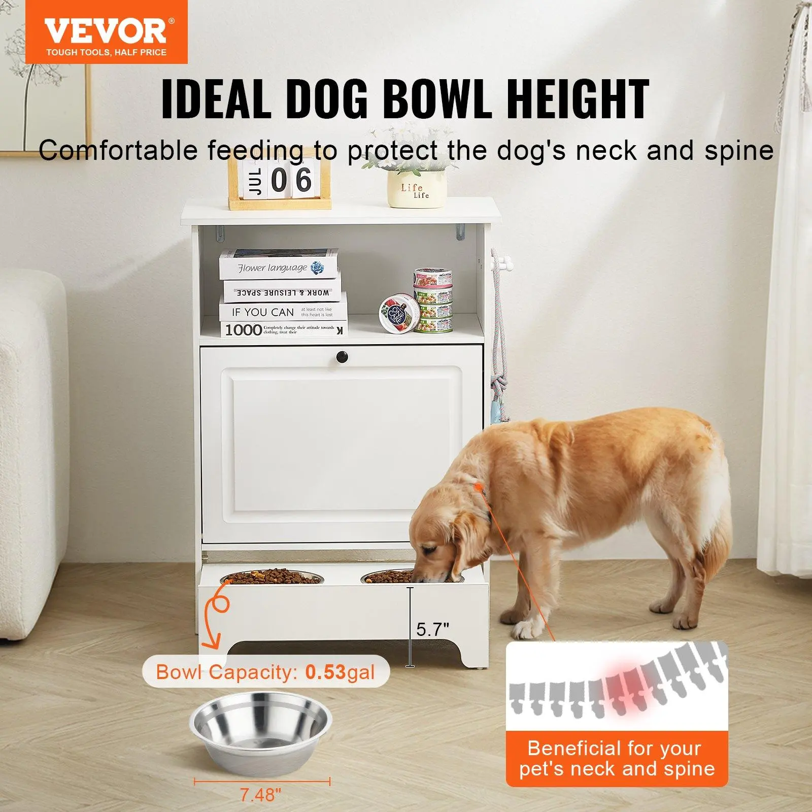 VEVOR Pet Feeding Station with 2 Elevated Dog Bowls, Dog Food & Toy Storage Shelf Cabinet