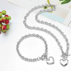 S925  Gold Plated Charm Chunky Stainless Steel Chain Heart Toggle Choker Bracelet Necklace Set for Womens Fashion Valentine Jewelry Set