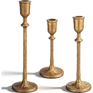 3Pcs Antique Brass Candlestick Holders, Iron Taper Candle Holder for Dining Table, Wedding, Fireplace Mantel Decor, Vintage Tall Candle Stands, Christmas & Home Decoration