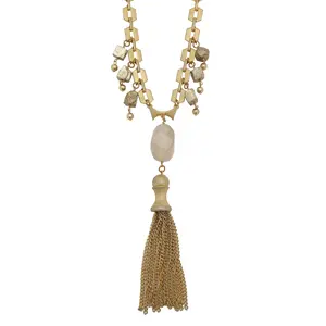 Pilvinen pyrite stone and vintage gold chain boho bohemian statement tassel necklace