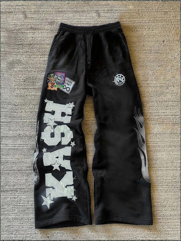 Trendy Black Fleece - lined Sweatpants with "KASH" Lettering, Star and Flame Graphics, Ideal for Street - style and Hip - hop Wear, Trending on TikTok #Sweatpants #StreetFashion #TikTokTrend, Sports Casual Pants